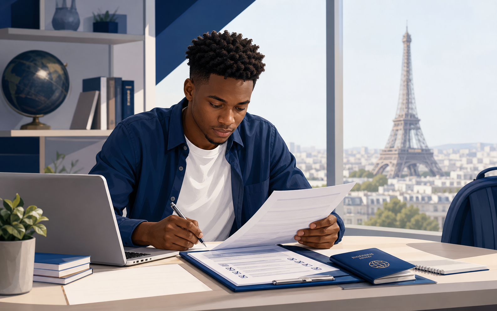Illustration d'un étudiant camerounais préparant un dossier de visa étudiant France