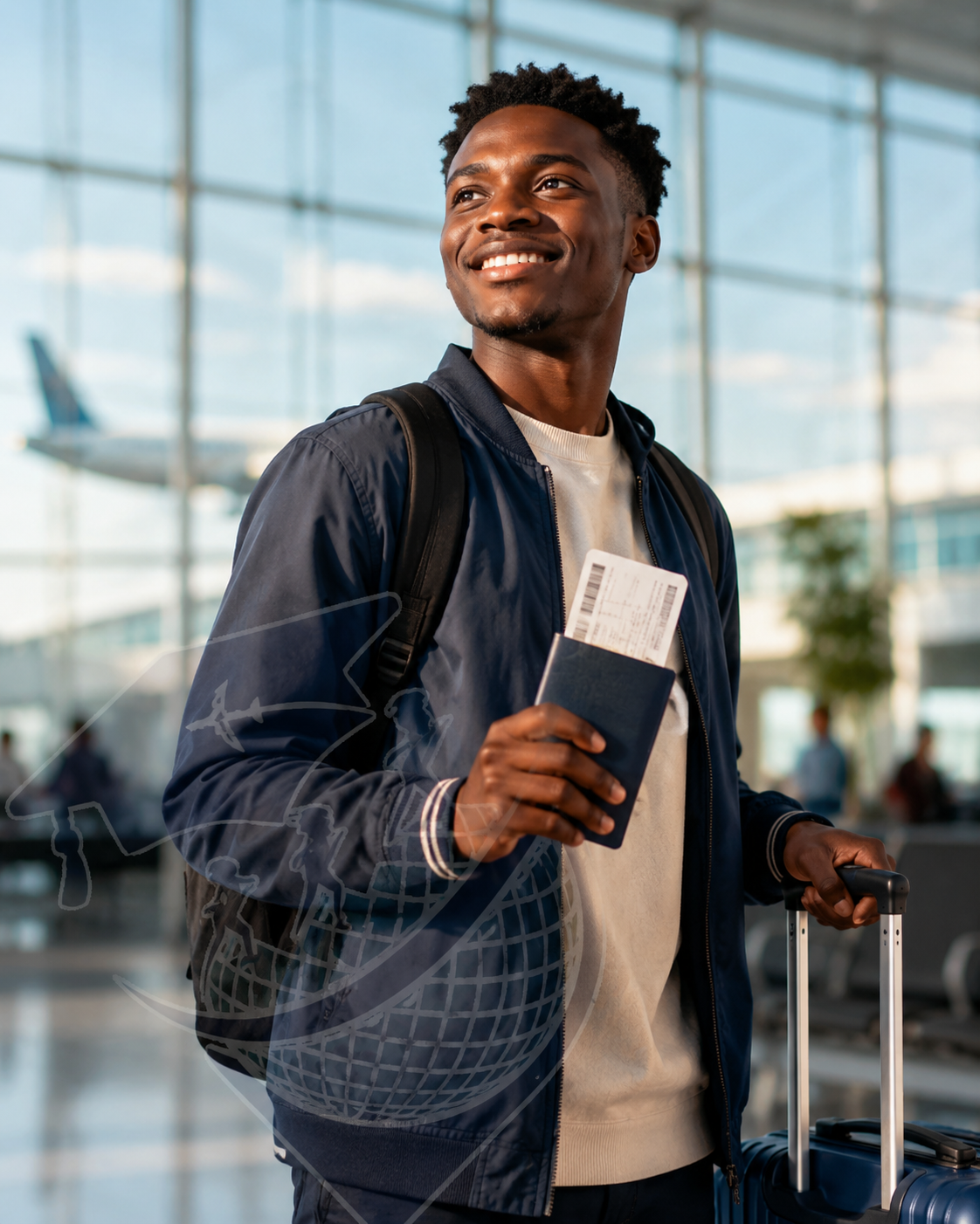 Étudiant voyageur tenant son passeport dans un aéroport