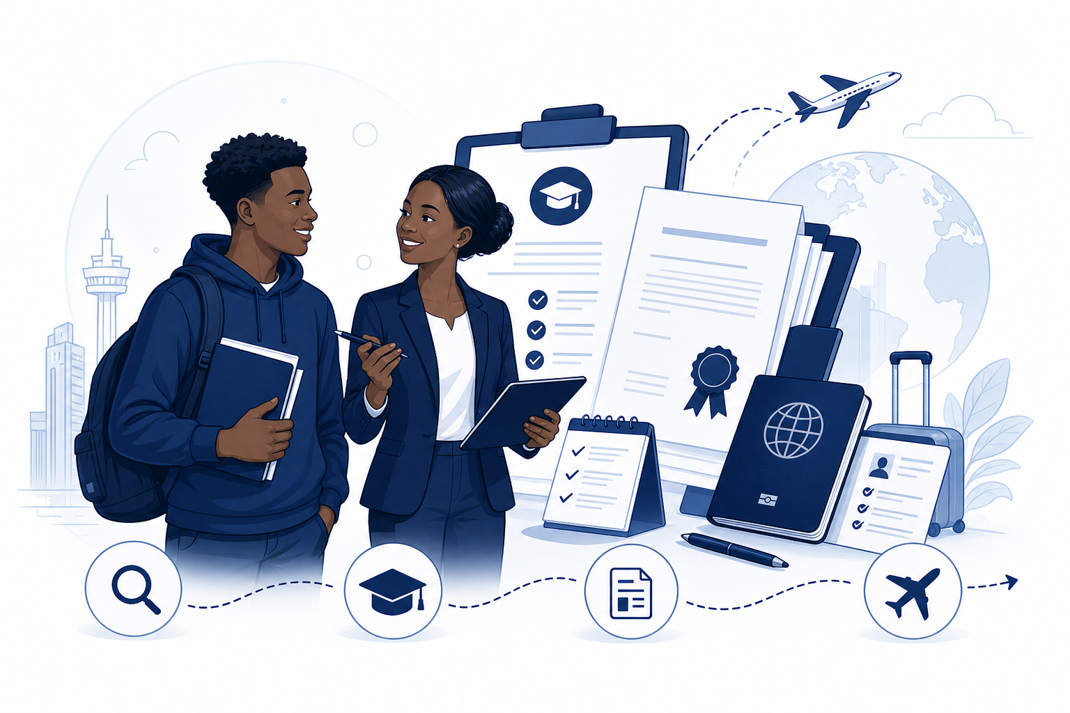 Illustration d'un étudiant accompagné par une conseillère avec documents, passeport et étapes de voyage