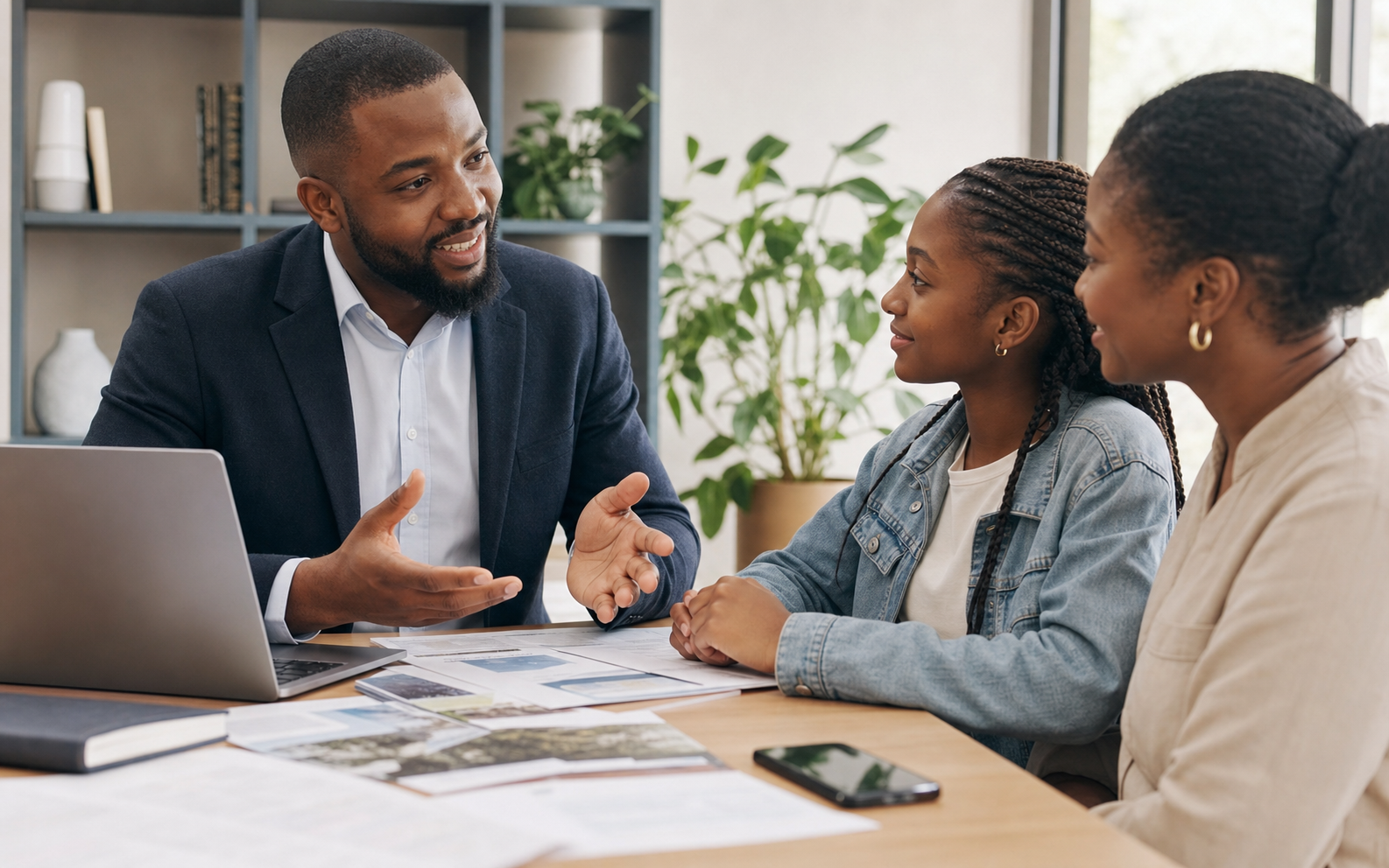 Conseillère camerounaise échangeant avec une famille au sujet d'un projet d'études