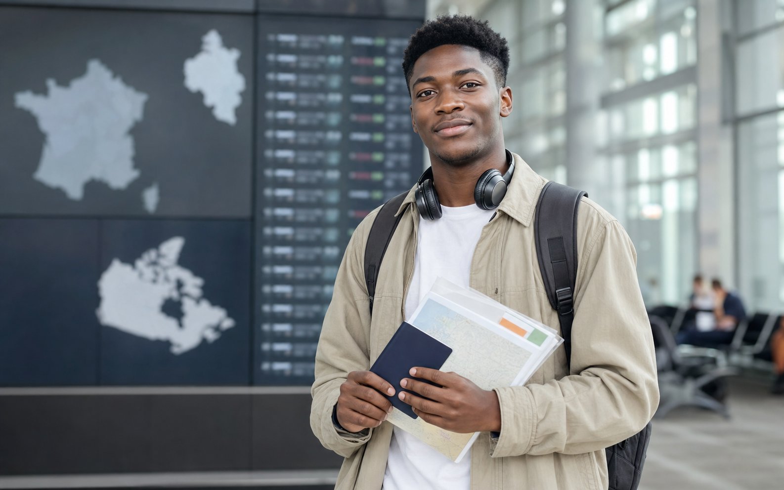 Étudiante camerounaise à l'aéroport avec passeport et documents de voyage