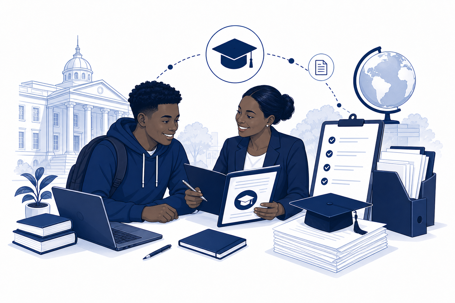 Illustration d'un étudiant et d'une conseillère préparant une admission internationale