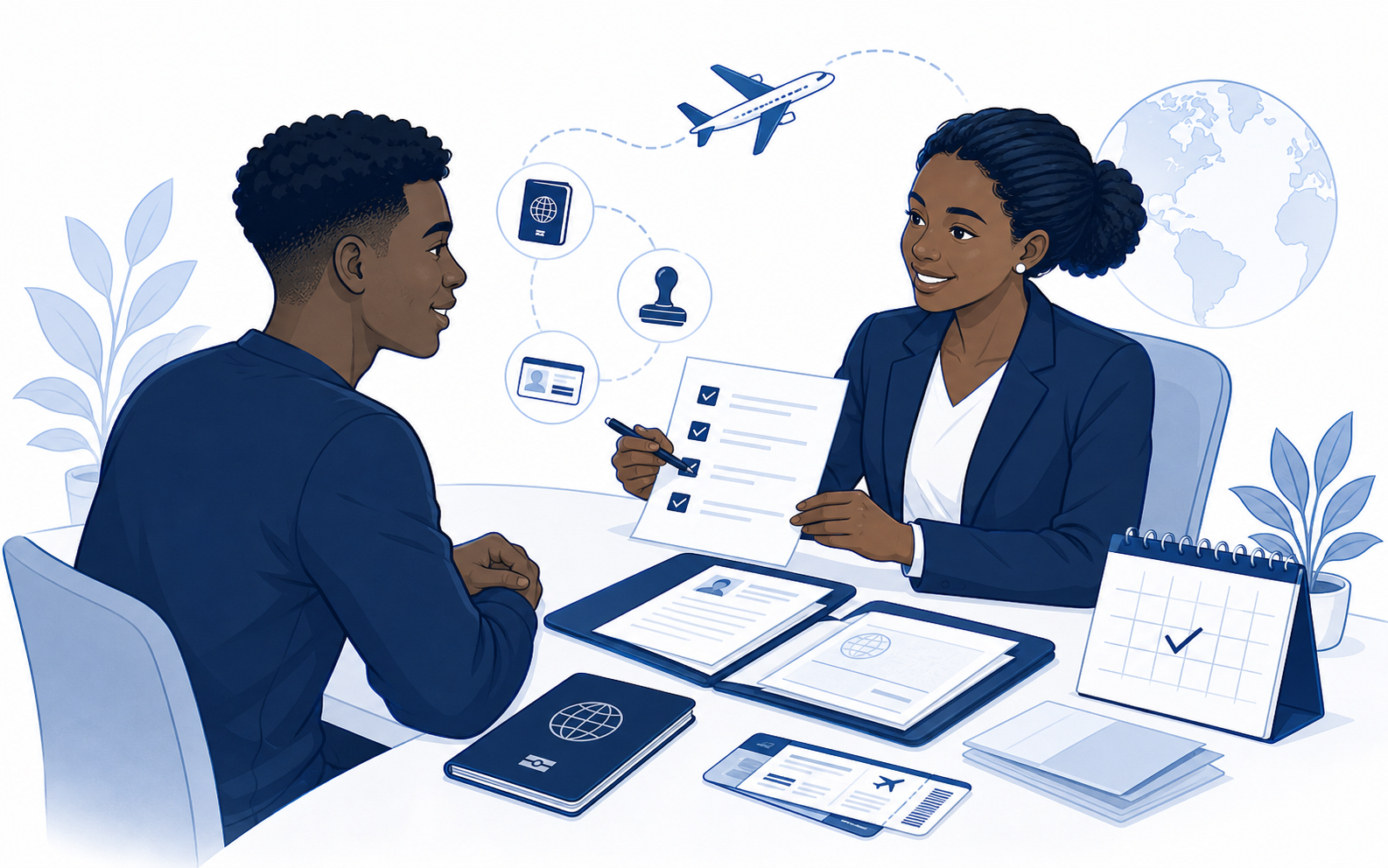 Illustration d'une conseillère accompagnant un candidat dans la préparation de son visa