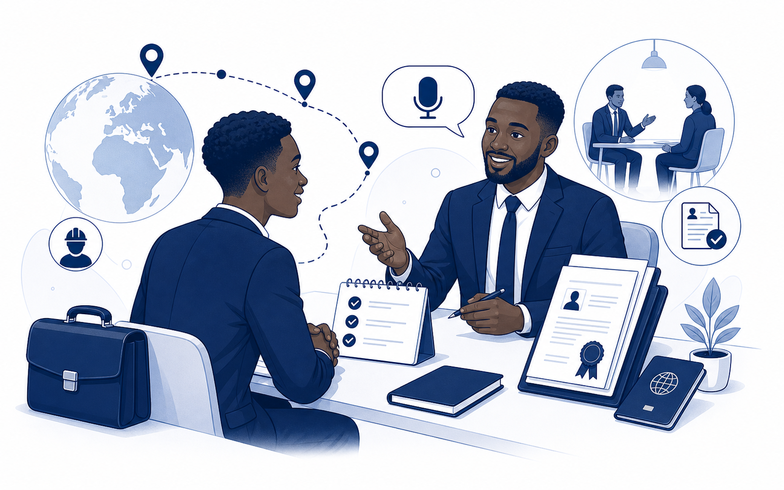 Illustration d'un candidat préparant un entretien et un parcours d'immigration travail